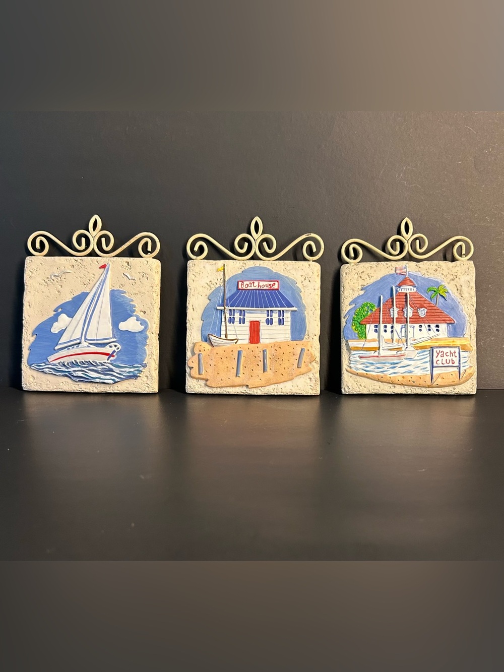 Vintage Nautical Ceramic Wall Plaques Set of 3 - Sailboat & Yacht Club